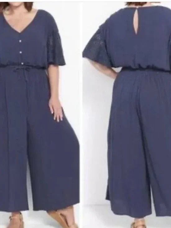 Lane Bryant Jumpsuit Navy One Piece Tie Waist Cottage Boho Lace Sleeve Size 20 - Picture 1 of 8